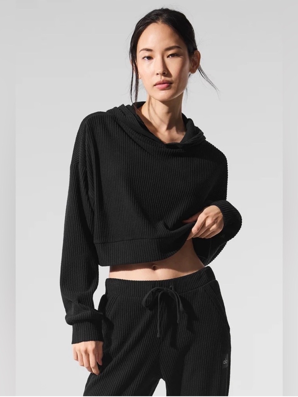 Alo Yoga Muse Hoodie Black Cropped Ribbed Knit Pullover Sweatshirt